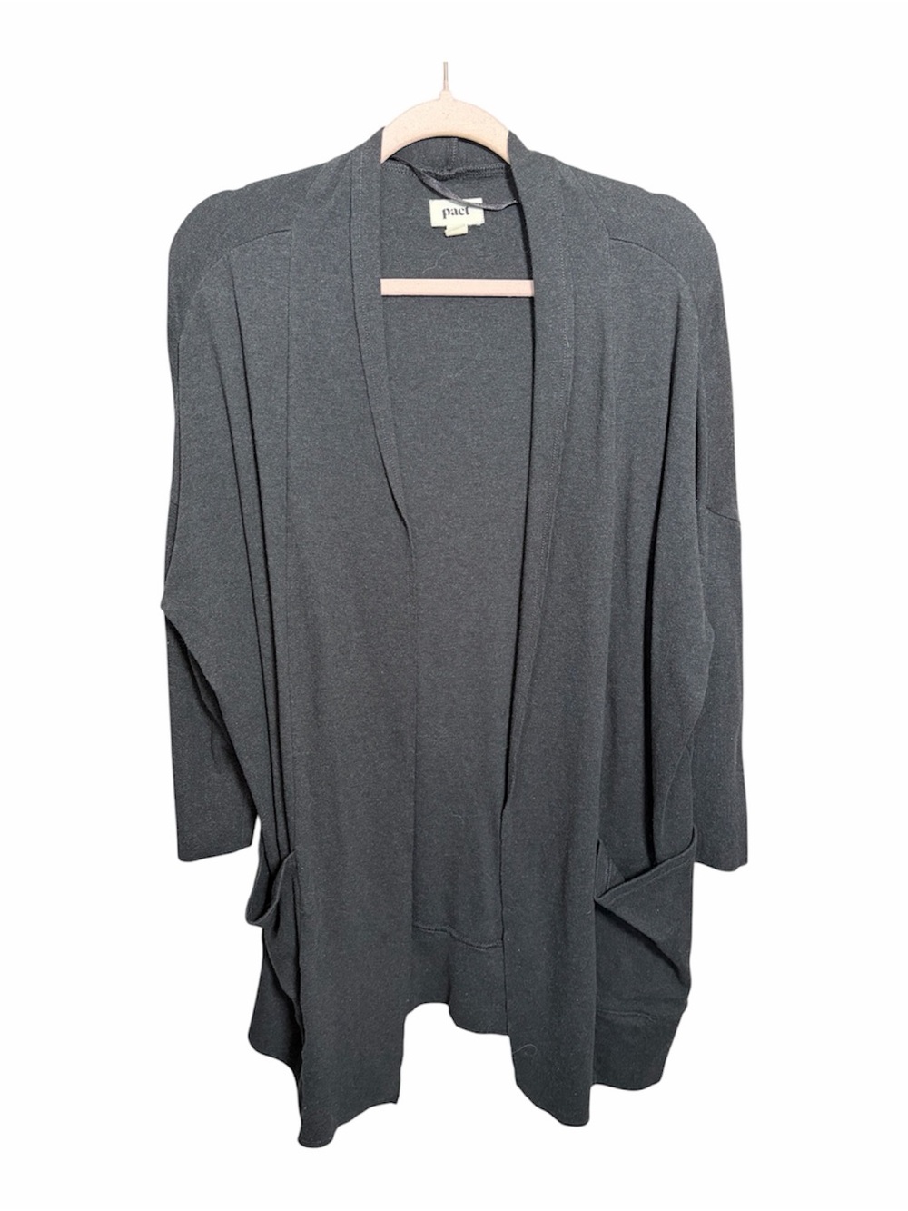 Pact Organic Cotton Open Front Cardigan Cocoon Dolman Pockets Charcoal Gray XS/S